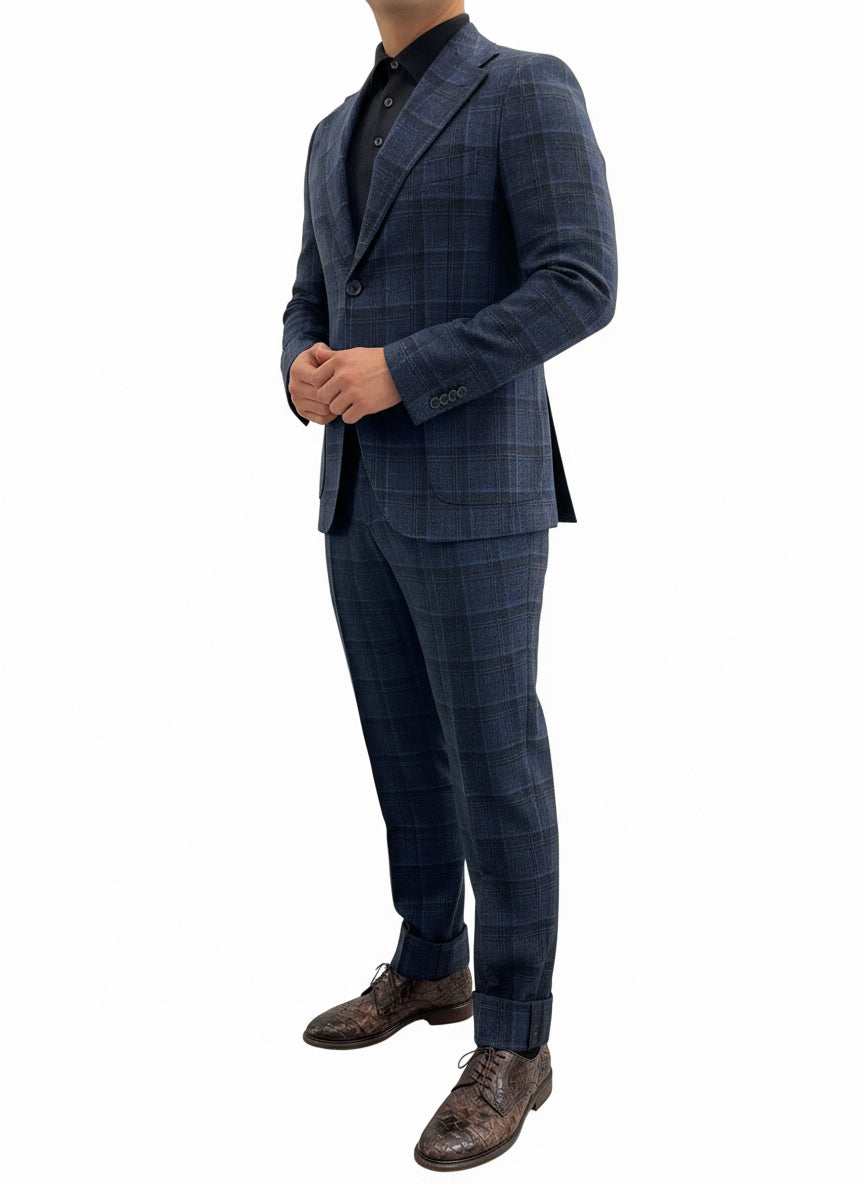 Abito tweed di lana check blu navy
