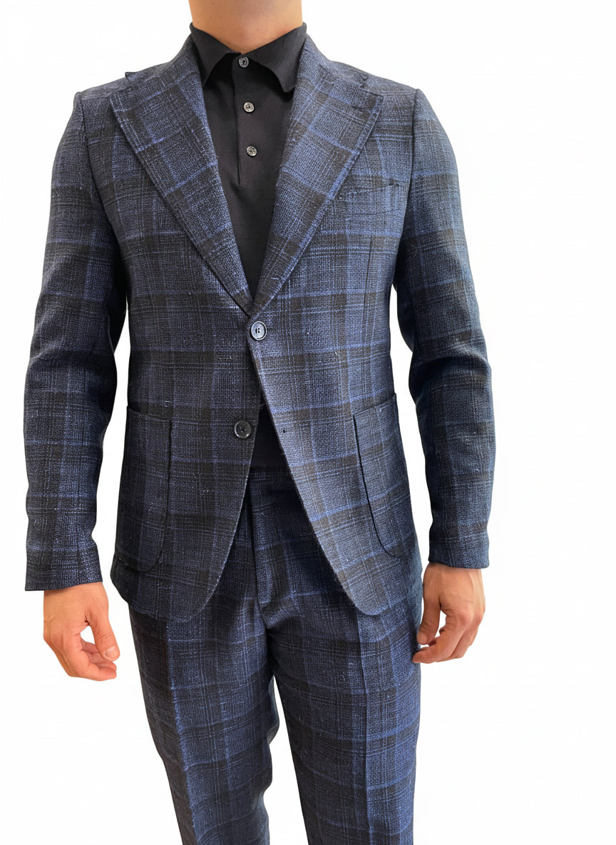 Abito tweed di lana check blu navy