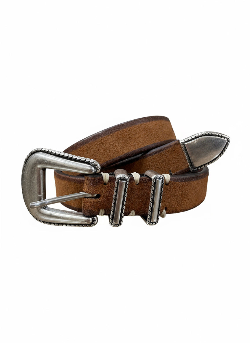 Cintura western marrone chiaro scamosciato con dettaglio cucito a mano